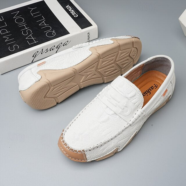 Leather Black with Loafers Faux Men's White Crocodile