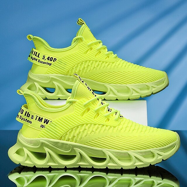 Elastic Sneakers Neon Yellow Knit Men's Sports with Upper