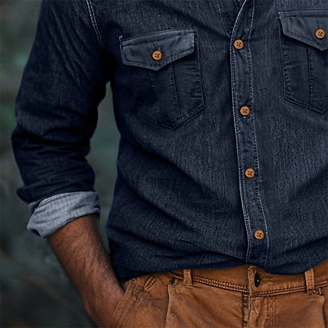 Casual Shirt Calico Chambray Button Men's