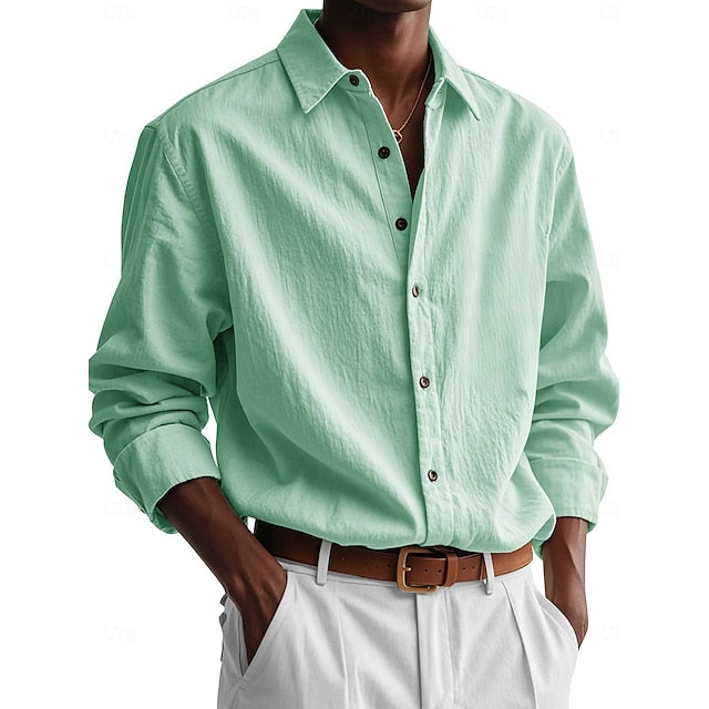 Green Up Button Men's White Shirt Light Casual