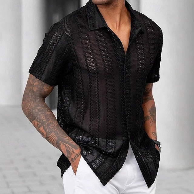 Shirt Summer Casual Men's Up Button Black