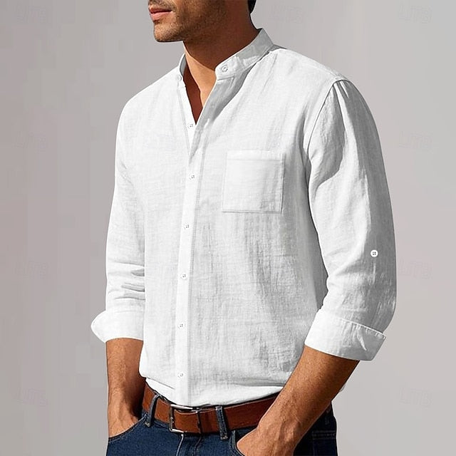 Shirt Vacation Men's Linen Cotton Plain Neck Plunging Beach