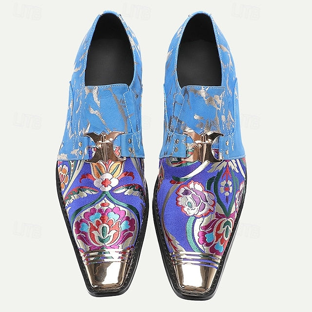Cowhide Men's Leather Loafers with Floral Pattern Blue