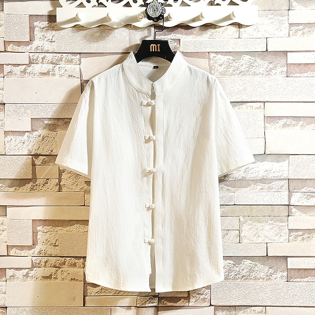 Cotton Linen Collar White Shirt Chinese Men's
