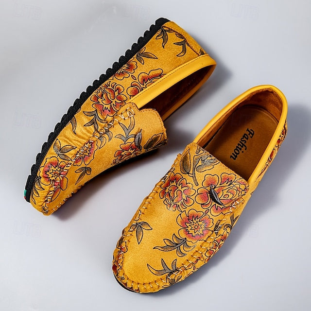 and Leather Men's Loafers White Checkered Orange Slip-On
