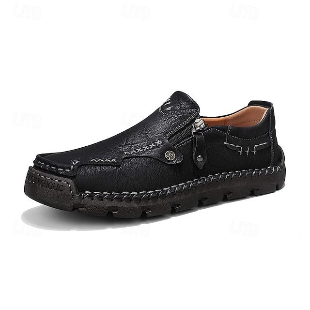 Faux Loafers Leather Brown Slip-On with Side Men's Zipper