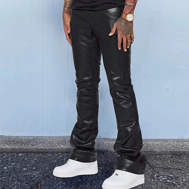 Pocket Casual Pants Men's Plain Faux Trousers Leather