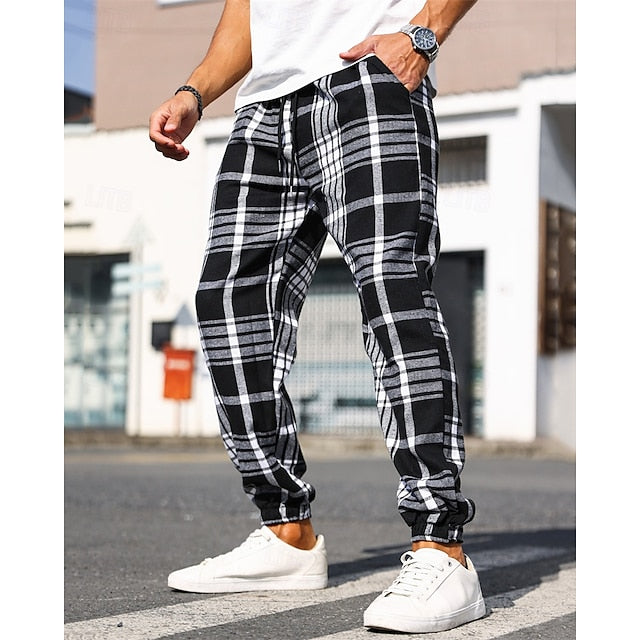 Elastic Casual Men's Plaid Pants Drawstring Waist Trousers