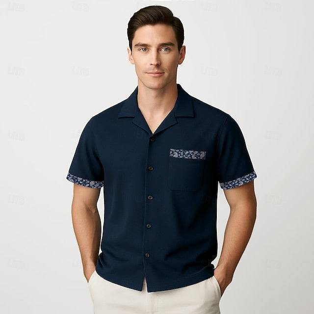 Collar Shirt Cuban Navy Sleeve Blue Paisley Short Men's