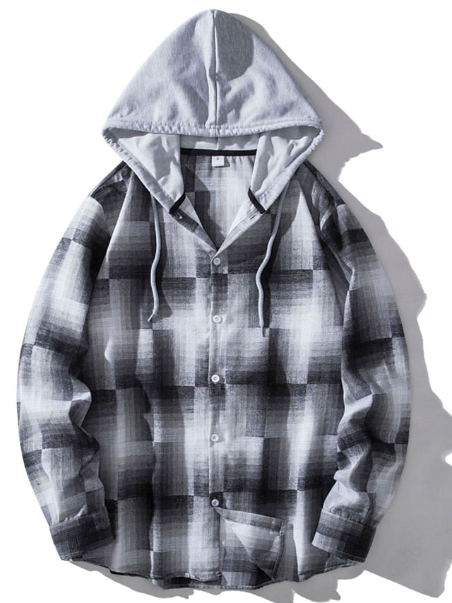 Button Casual Men's Black Up Hooded Shirt