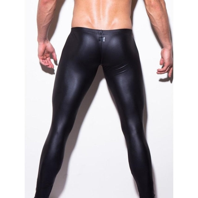 Faux Solid Leather Casual Trousers Men's Pocket Pants
