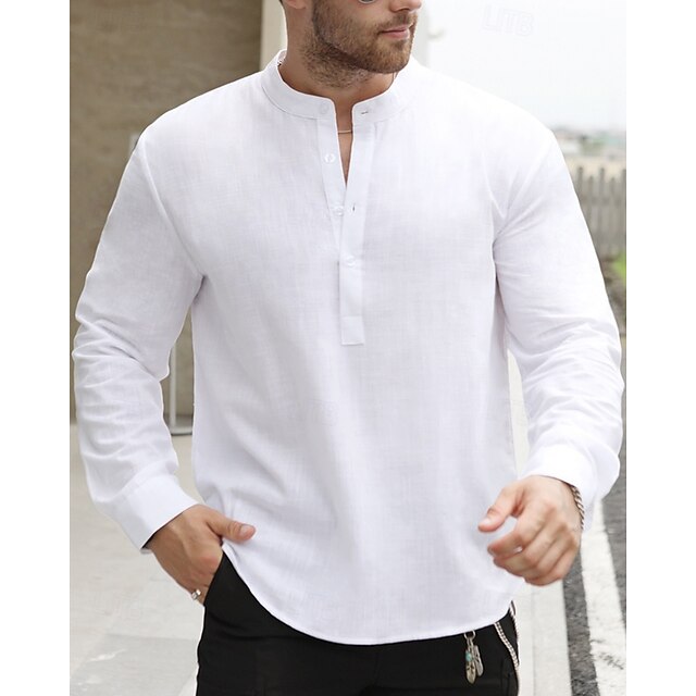 Cotton Men's Casual Popover Linen Shirt