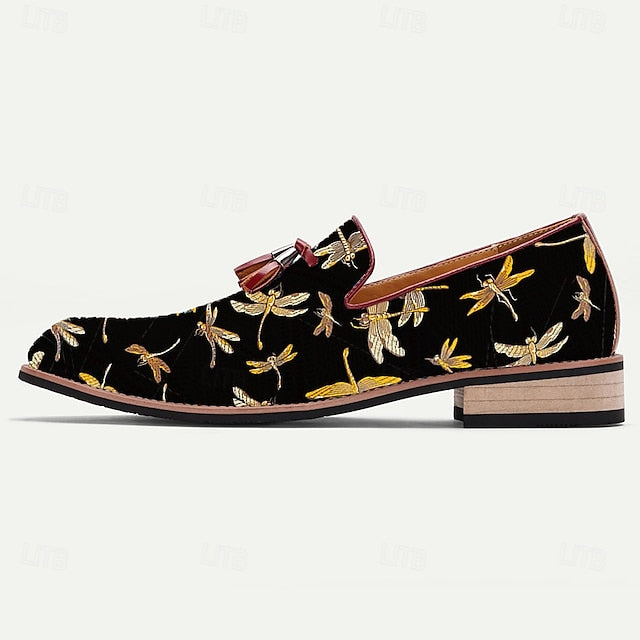 Black Embroidery with Men's Jacquard Dragonfly Loafers