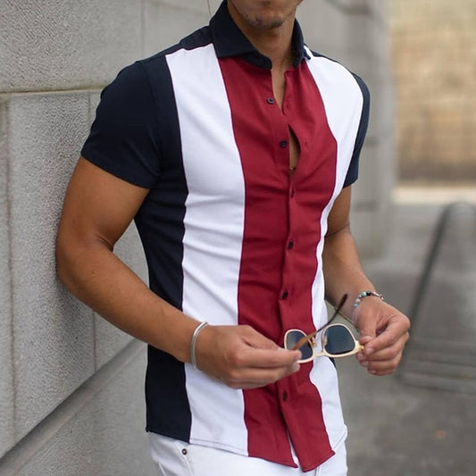Button Men's Up Summer Red Bowling Shirt