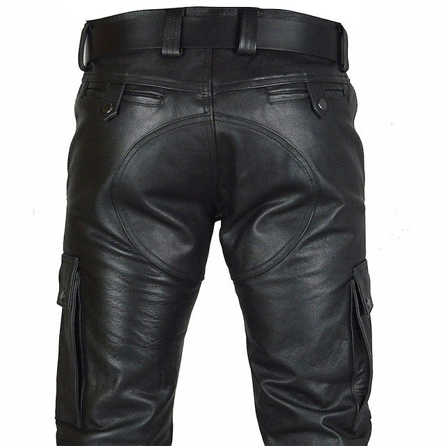 Leather Plain Casual Men's Pants Trousers Pocket Faux