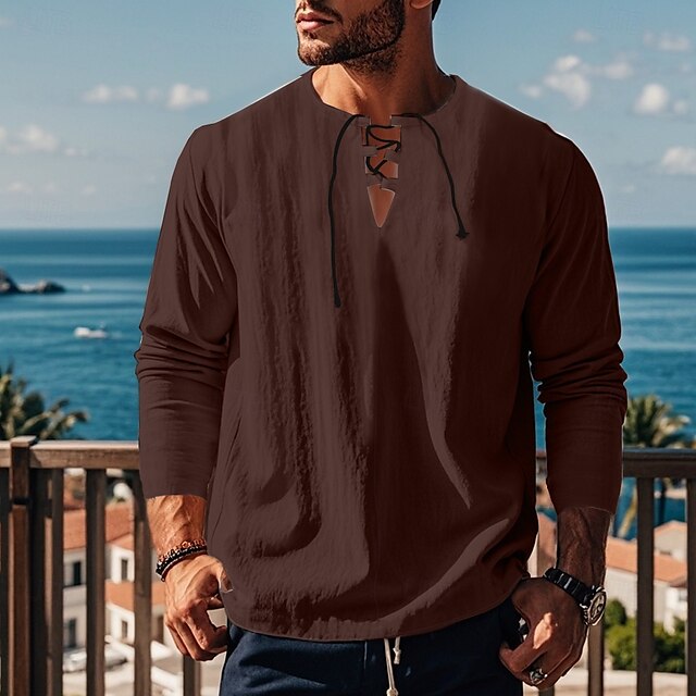 Cotton Linen Shirt Beach Plain Men's Summer