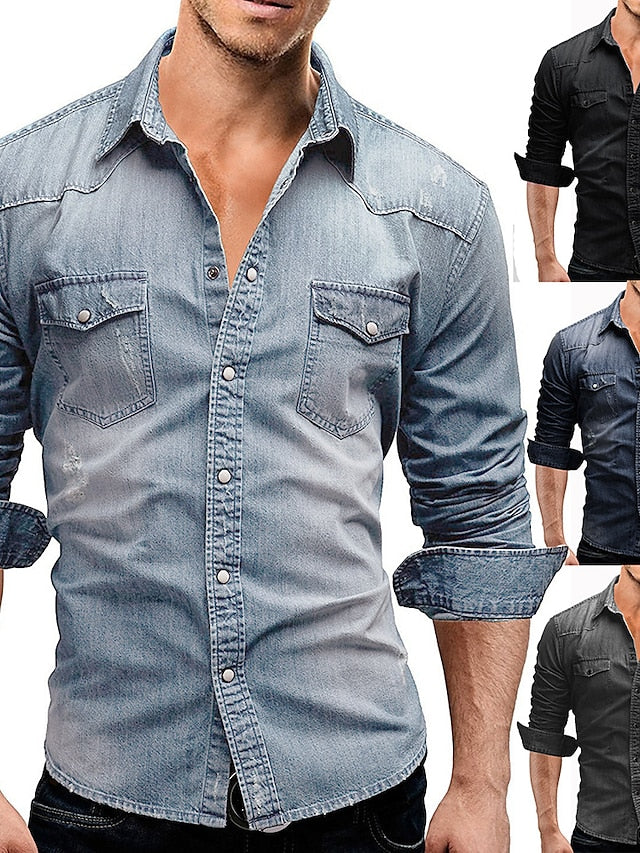 Light Men's Dark Long Denim Gray Shirt Blue Grey