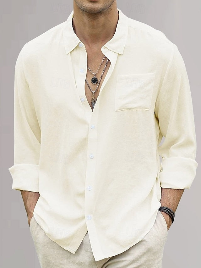 Plain Vacation Cotton Shirt Linen Black Men's Yellow Green