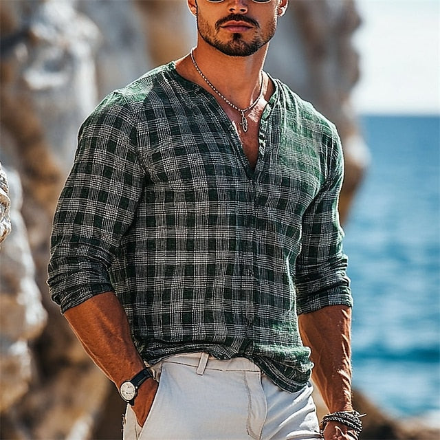 Casual Popover Plaid Linen Shirt Men's