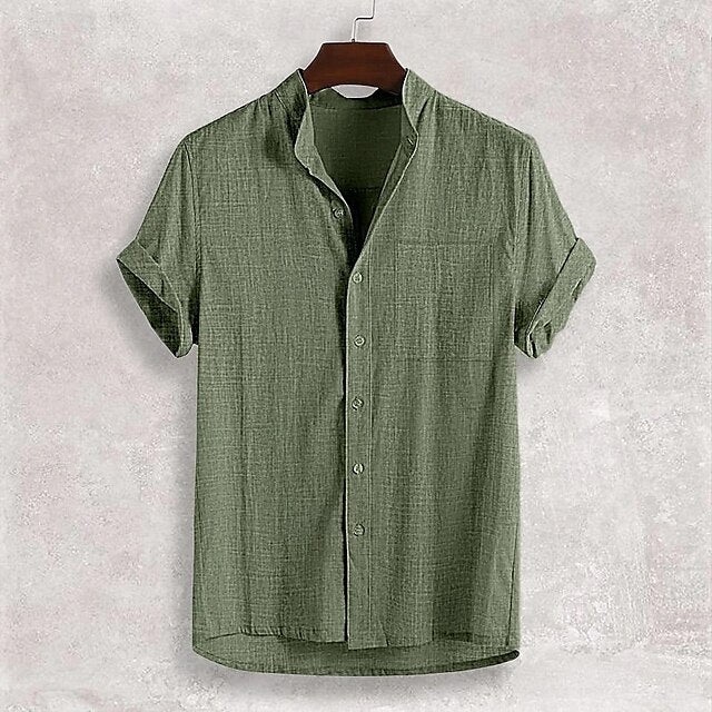 Plain Men's Band Casual Shirt Linen Collar