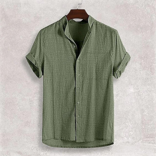 Plain Men's Band Casual Shirt Linen Collar