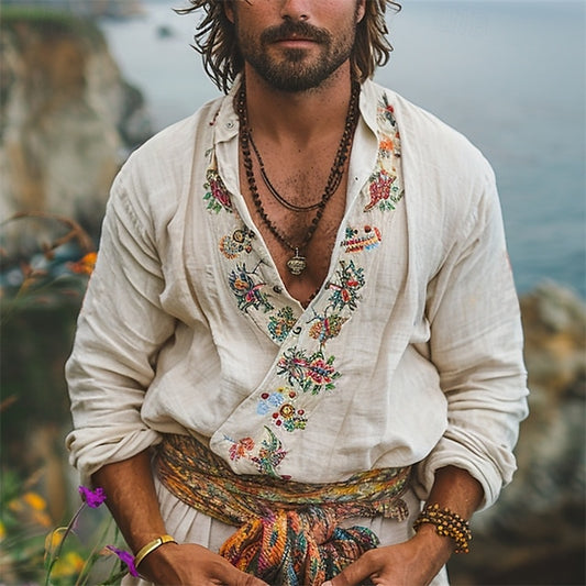 Linen Shirt Floral Casual Men's Cotton