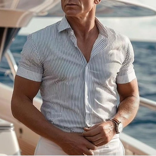Men's Stripes Sleeve Lapel Shirt Short Beach Light Grey