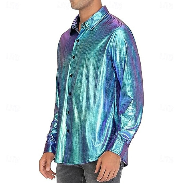 Blue Shirt Waffle Long Men's Button Up Casual