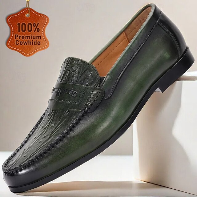 Leather Men's with Green Crocodile Pattern – Loafers
