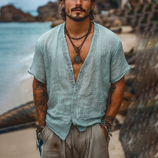 Shirt Men's Cotton Up Casual Button Linen