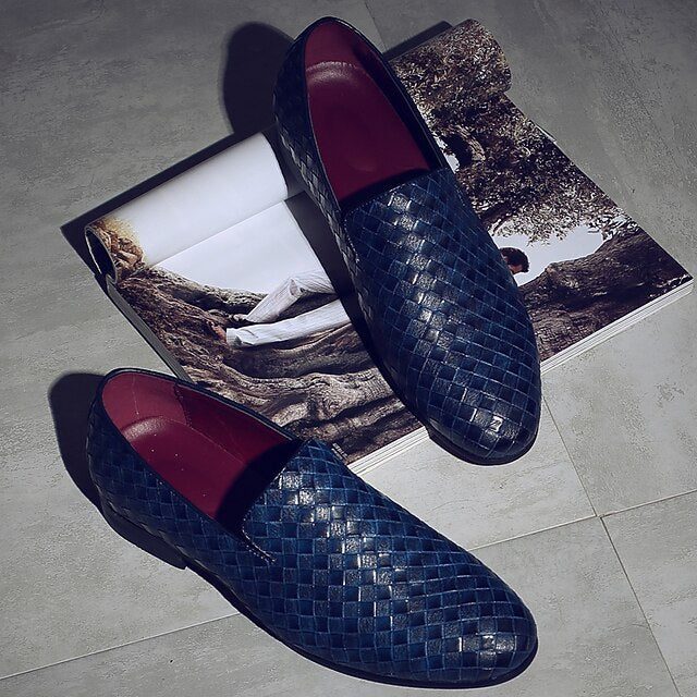 Leather Woven Blue Slip-On Loafers - Men's Stylish Faux