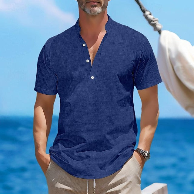 Henley Shirt Retro Linen Men's Popover Shirts