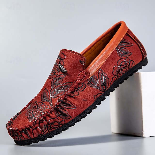 and Leather Men's Loafers White Checkered Orange Slip-On