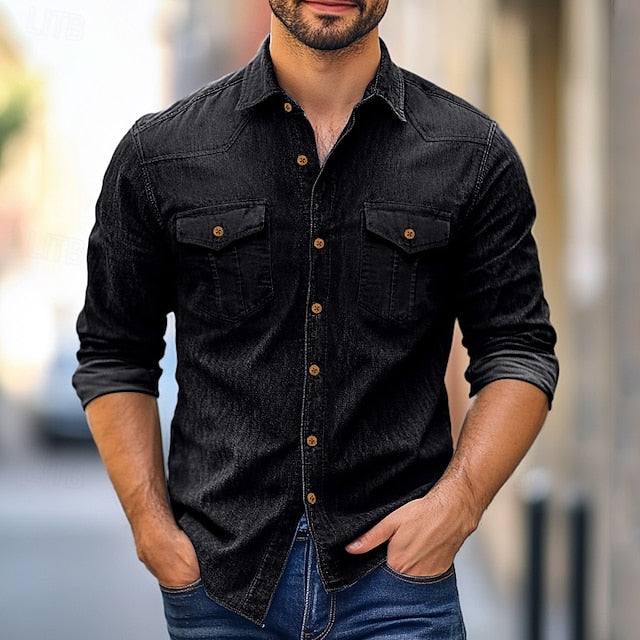 Casual Men's Button Calico Chambray Shirt