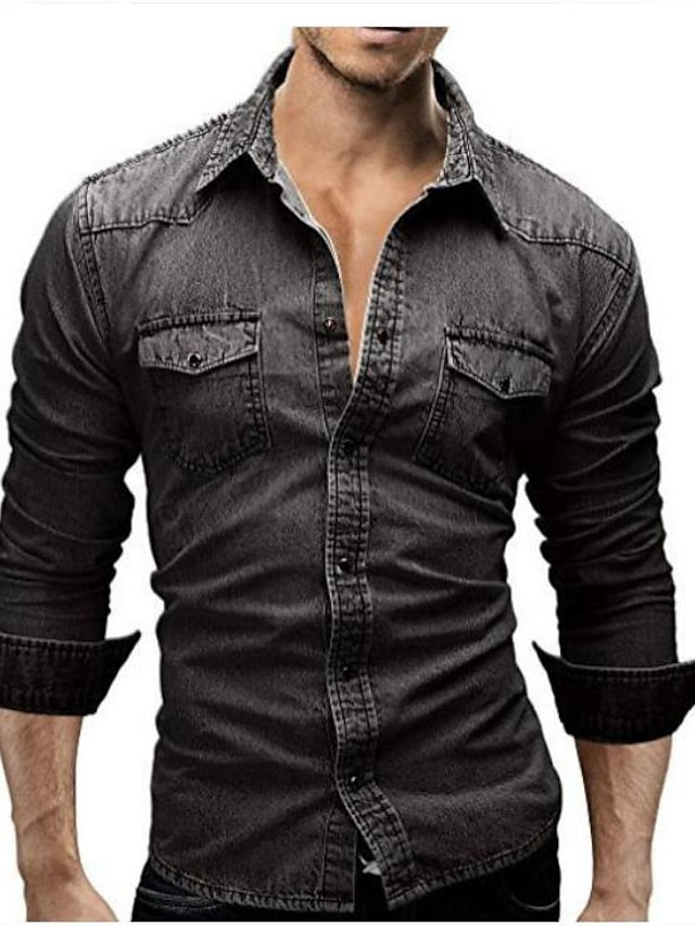 Light Men's Dark Long Denim Gray Shirt Blue Grey