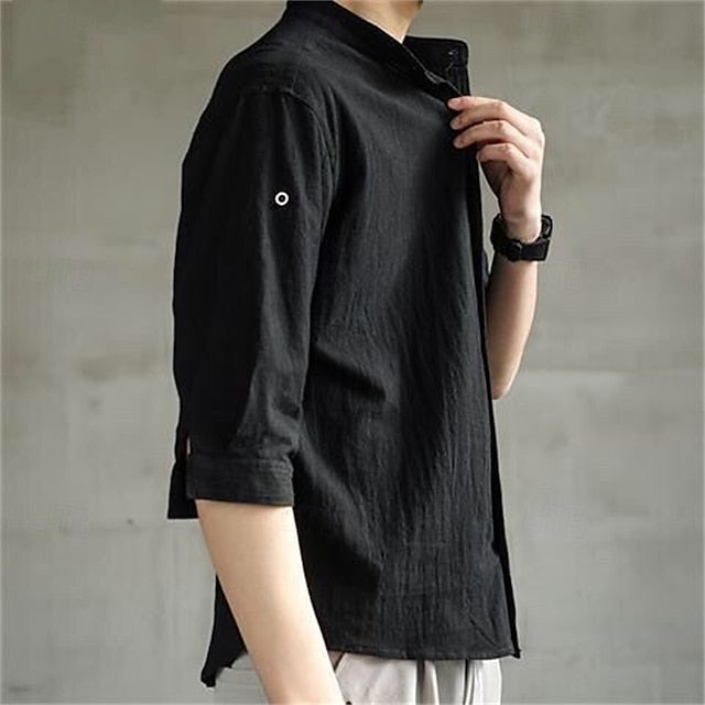 Linen Vacation Men's Shirt Green Cotton Plain Black White