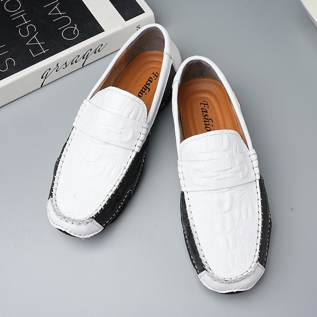 Leather Black with Loafers Faux Men's White Crocodile
