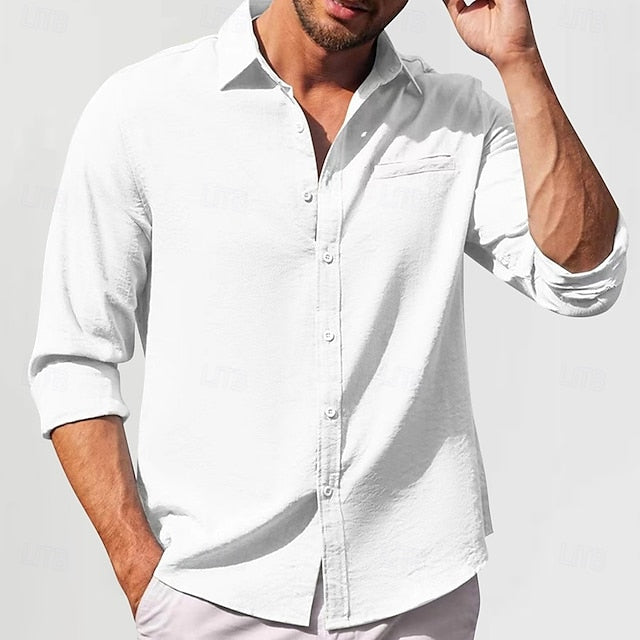 Linen Shirt Cotton Men's Green White Plain Black Vacation