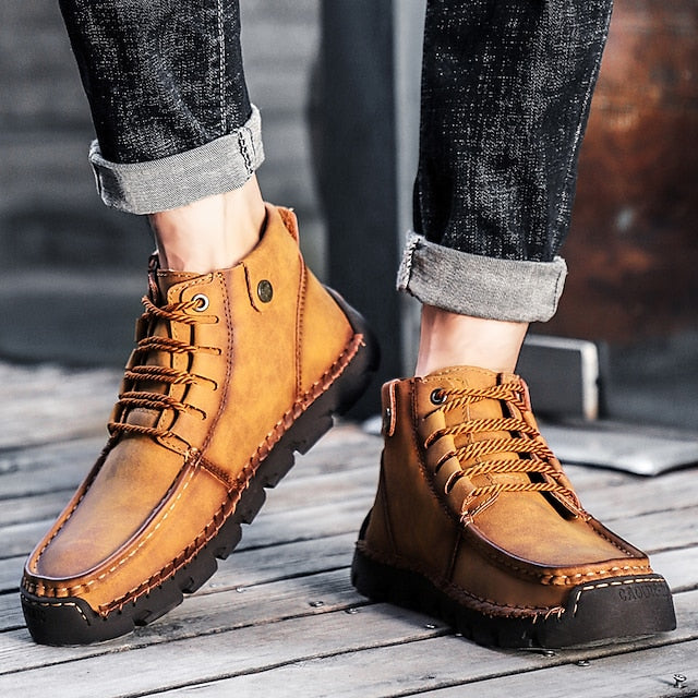 Casual Men's Lace-Up Leather Ankle Vintage Boots –