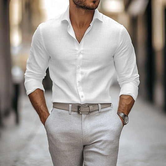 Shirt Men's Linen Plain Button Up Summer