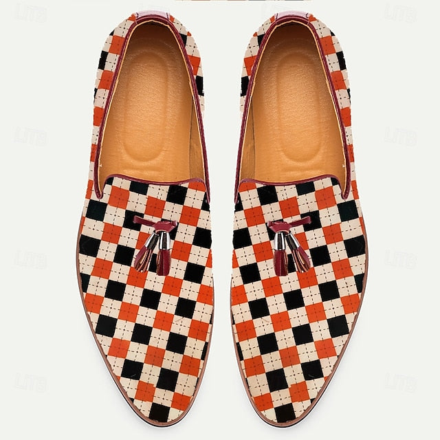 and Leather Men's Loafers White Checkered Orange Slip-On
