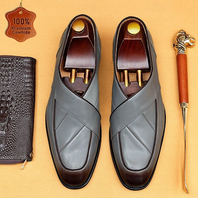 Loafers Men's Slip-On Strap - Cross Handmade Gray Leather