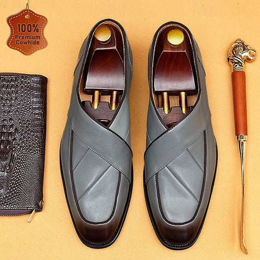 Loafers Men's Slip-On Strap - Cross Handmade Gray Leather