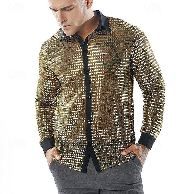 Long Men's Gold Disco Black Silver Shirt Prom