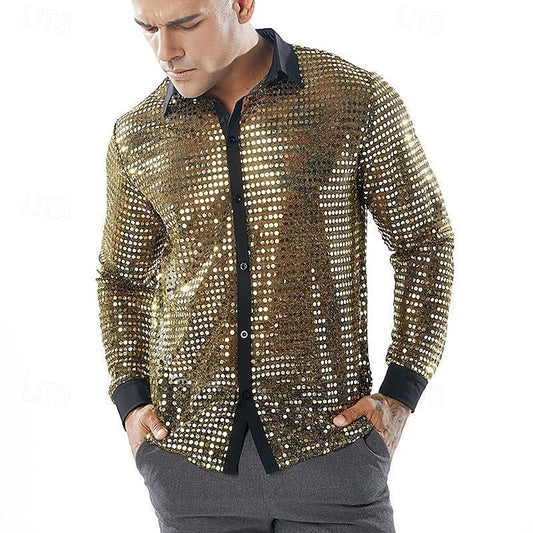 Long Men's Gold Disco Black Silver Shirt Prom