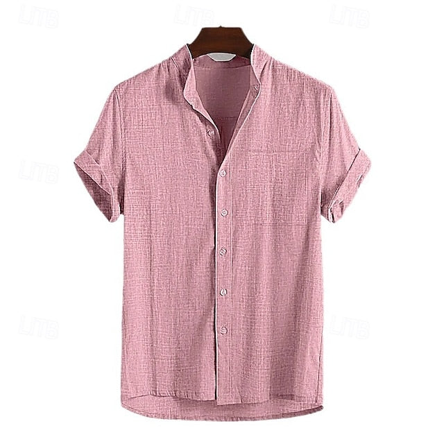 Plain Men's Band Casual Shirt Linen Collar