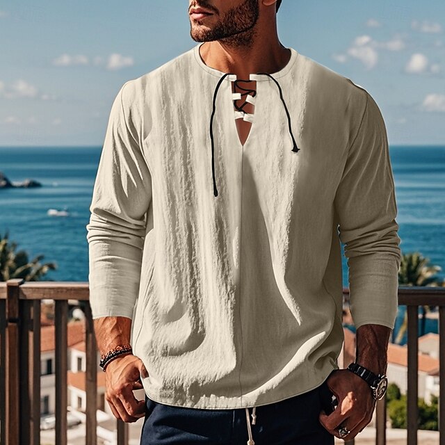 Cotton Linen Shirt Beach Plain Men's Summer