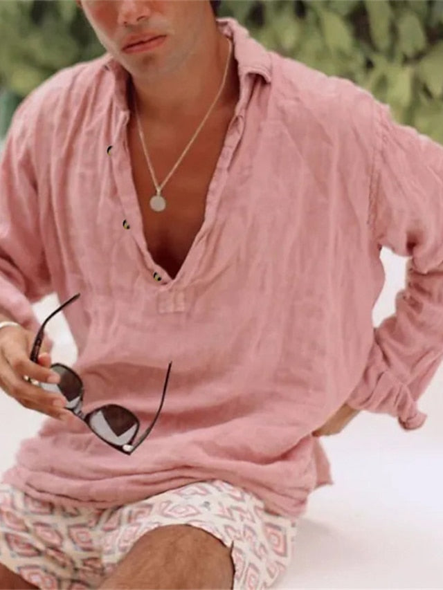 Long Casual Shirt Pink Sleeve Summer Men's