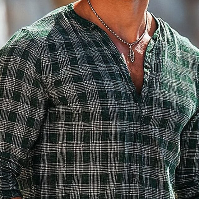 Casual Popover Plaid Linen Shirt Men's