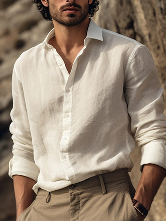 Summer Linen Shirt Beach Button Men's Wear Up
